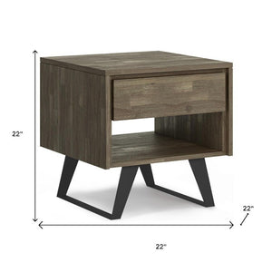 22 Inch Distressed Solid Wood Iron Sled End Table with Storage Drawer Open Shelf