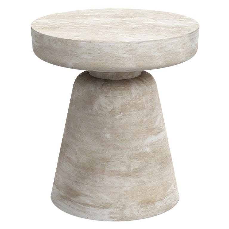 HomeRoots 18 Inch Solid Wood Round Pedestal End Table with Washed Distressed Farmhouse Finish 641892