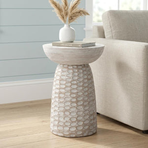 18 Inch Solid Wood Round Pedestal Accent Table with Distressed Farmhouse Finish for Living Room