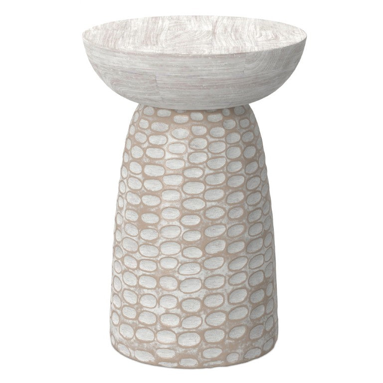 HomeRoots 18 Inch Solid Wood Round Pedestal Accent Table with Distressed Farmhouse Finish for Living Room White / Natural 641894
