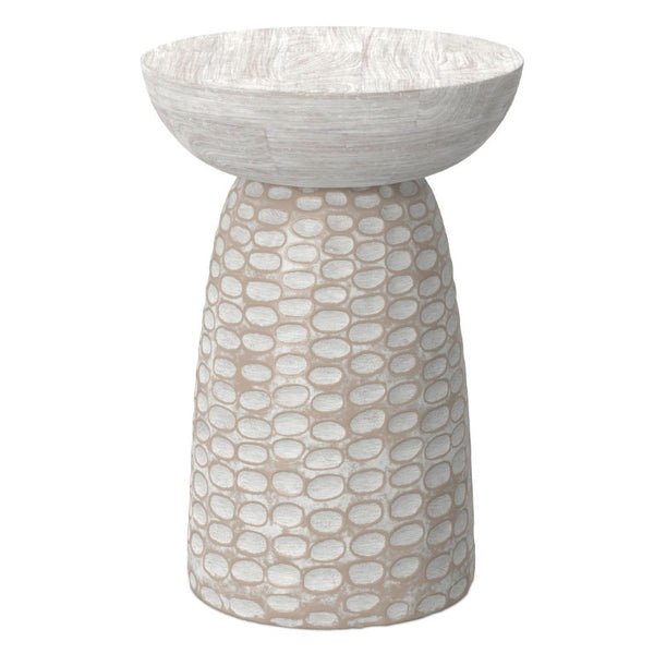 18 Inch Solid Wood Round Pedestal Accent Table with Distressed Farmhouse Finish for Living Room