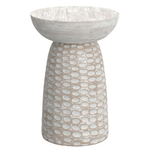 18 Inch Solid Wood Round Pedestal Accent Table with Distressed Farmhouse Finish for Living Room