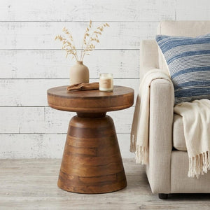 18 Inch Solid Wood Round Pedestal End Table with Distressed Walnut Finish