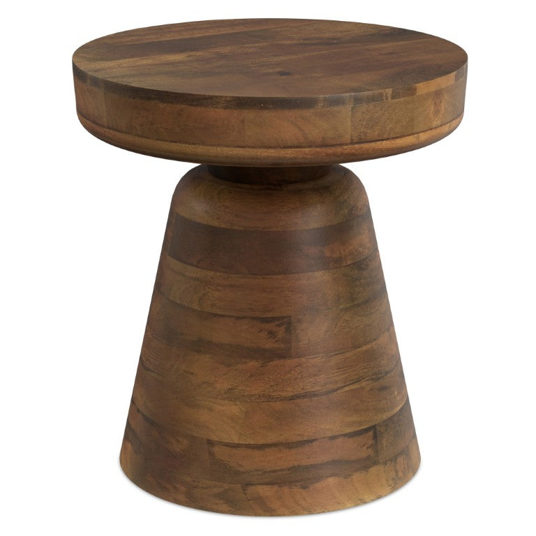 HomeRoots 18 Inch Solid Wood Round Pedestal End Table with Distressed Walnut Finish 641895