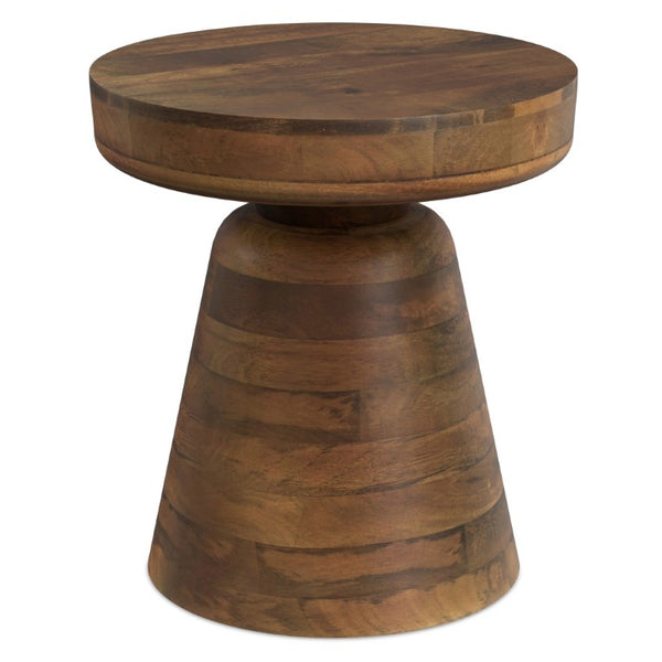 18 Inch Solid Wood Round Pedestal End Table with Distressed Walnut Finish