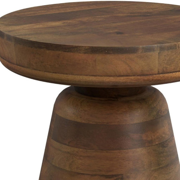 18 Inch Solid Wood Round Pedestal End Table with Distressed Walnut Finish