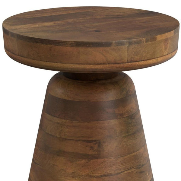 18 Inch Solid Wood Round Pedestal End Table with Distressed Walnut Finish