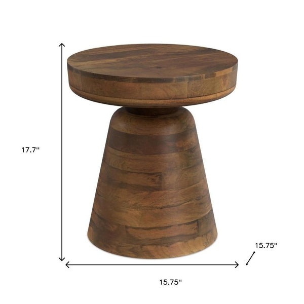 18 Inch Solid Wood Round Pedestal End Table with Distressed Walnut Finish