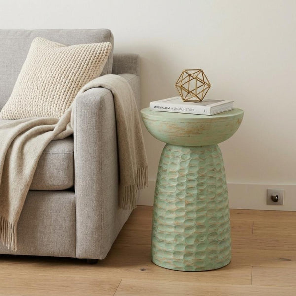 18 Inch Solid Wood Round Pedestal Accent Table with Distressed Farmhouse Finish for Living Room