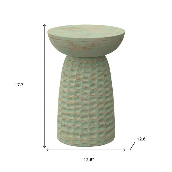 18 Inch Solid Wood Round Pedestal Accent Table with Distressed Farmhouse Finish for Living Room