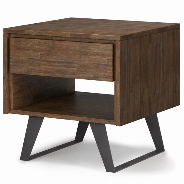 22 Inch Solid Wood Iron Sled End Table with Storage Drawer Open Bottom Shelf