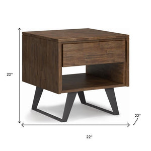 22 Inch Solid Wood Iron Sled End Table with Storage Drawer Open Bottom Shelf
