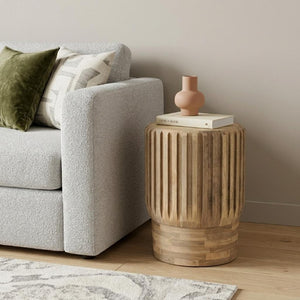 20 Inch Solid Wood Drum Side Table Natural Finish Round Accent for Living Room