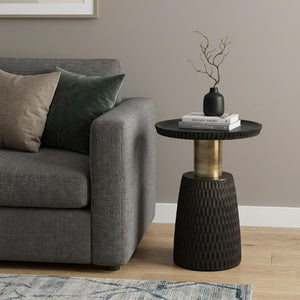 20 Inch Round Solid Wood Pedestal End Table with Black Gold Distressed Finish