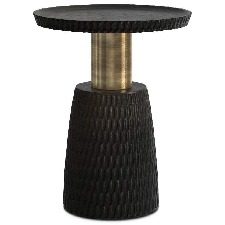 HomeRoots 20 Inch Round Solid Wood Pedestal End Table with Black Gold Distressed Finish 641913