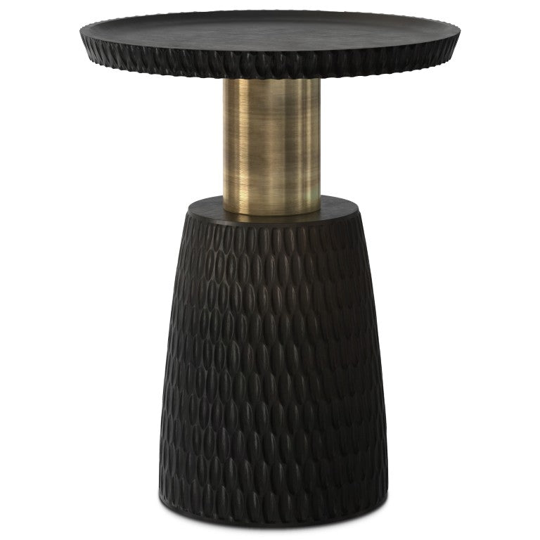HomeRoots 20 Inch Round Solid Wood Pedestal End Table with Black Gold Distressed Finish 641913