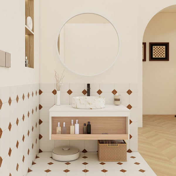English Elm 36" Floating Bathroom Vanity Light Oak Modular Cabinet with Gel Coat Integrated Sink Gold+White,White + Light Oak W3450S00063
