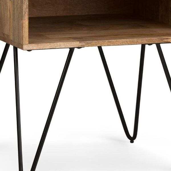 23 Inch Solid Wood Iron Square End Table with Open Shelf for Living Room Decor