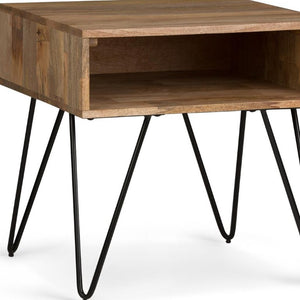 23 Inch Solid Wood Iron Square End Table with Open Shelf for Living Room Decor