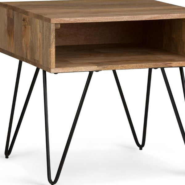 23 Inch Solid Wood Iron Square End Table with Open Shelf for Living Room Decor