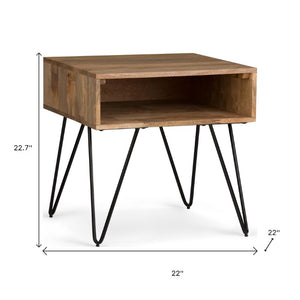 23 Inch Solid Wood Iron Square End Table with Open Shelf for Living Room Decor