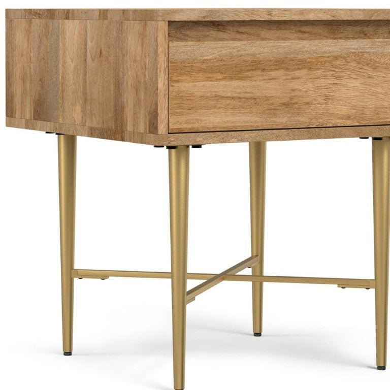 HomeRoots 22 Inch Square End Table Natural Wood Iron Frame Single Drawer Living Room Accent 641938