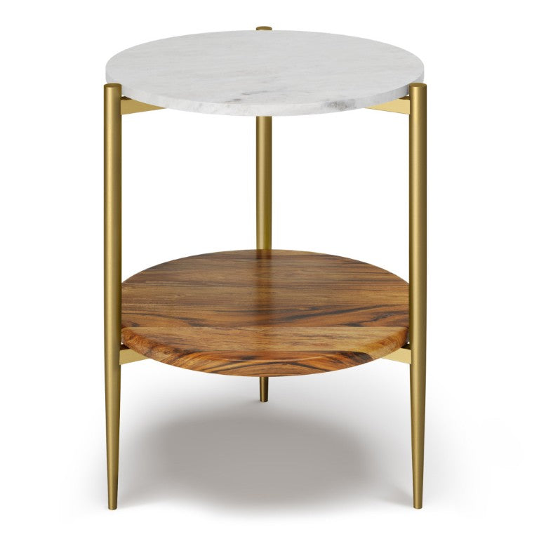 HomeRoots 23 Inch Round Marble Top Iron End Table with Shelf Antiqued Brass Wood Living Room 641940