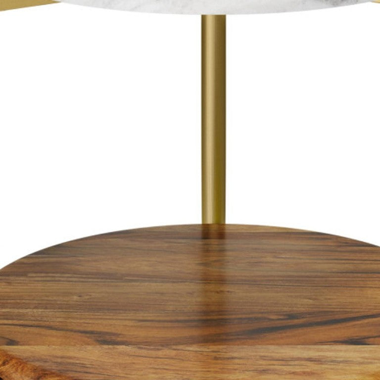 HomeRoots 23 Inch Round Marble Top Iron End Table with Shelf Antiqued Brass Wood Living Room 641940