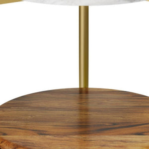 23 Inch Round Marble Top Iron End Table with Shelf Antiqued Brass Wood Living Room