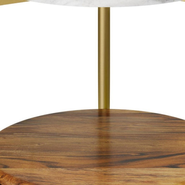 23 Inch Round Marble Top Iron End Table with Shelf Antiqued Brass Wood Living Room