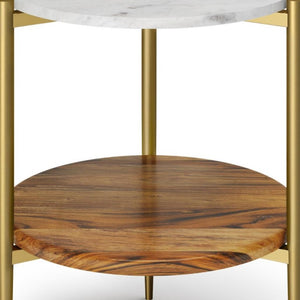 23 Inch Round Marble Top Iron End Table with Shelf Antiqued Brass Wood Living Room