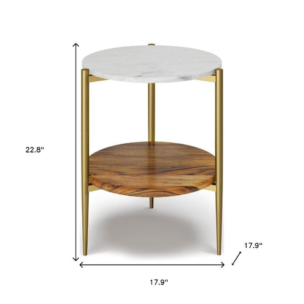 23 Inch Round Marble Top Iron End Table with Shelf Antiqued Brass Wood Living Room