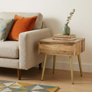 22 Inch Gold Iron and Solid Wood Accent Table with Drawer for Living Room Decor