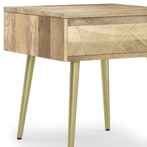 22 Inch Gold Iron and Solid Wood Accent Table with Drawer for Living Room Decor