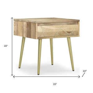 22 Inch Gold Iron and Solid Wood Accent Table with Drawer for Living Room Decor