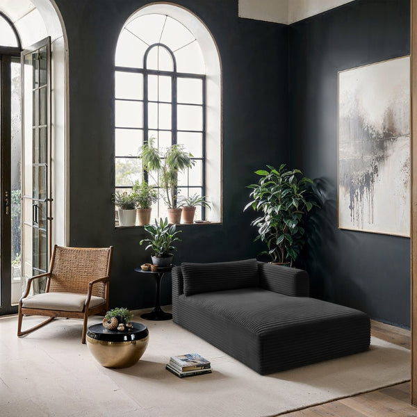 Meridian Furniture Shaggy Corduroy Modular Chaise Lounge Plush Foam Seating for Living Room Sectional Setup Black 641Black-Chaise