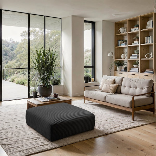 Meridian Furniture Shaggy Corduroy Square Ottoman Plush Modular Linking Design for Living Room Seating Black 641Black-Ott