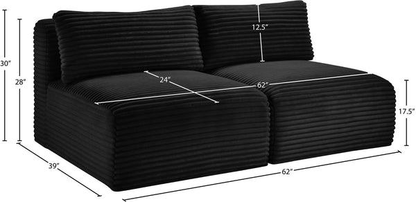 Meridian Furniture Shaggy Two Piece Armless Modular Loveseat in Stain Resistant Plush Corduroy Performance Fabric Black 641Black-S62