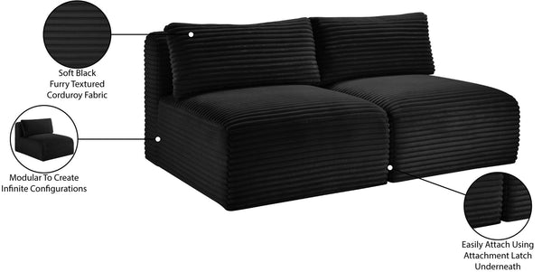 Meridian Furniture Shaggy Two Piece Armless Modular Loveseat in Stain Resistant Plush Corduroy Performance Fabric Black 641Black-S62