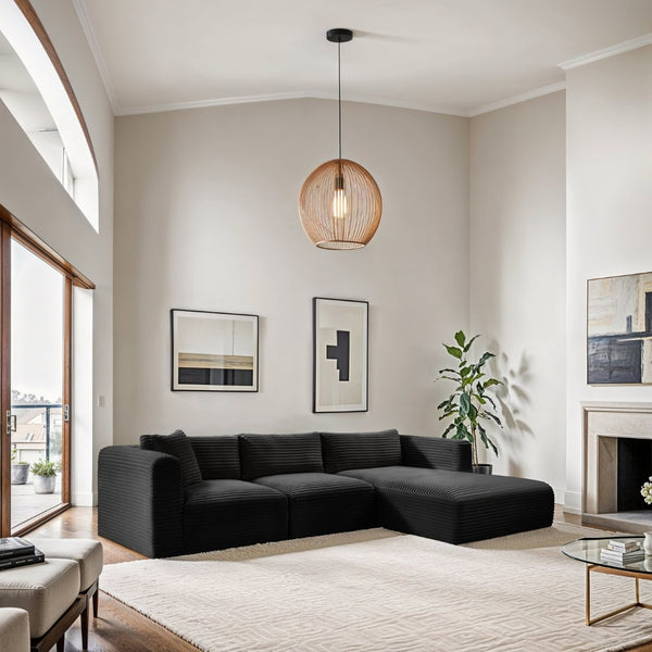 Meridian Furniture Shaggy Three Piece Modular Sectional in Stain Resistant Black Corduroy Performance Fabric 641Black-Sec3A