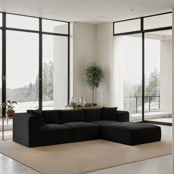 Meridian Furniture Shaggy Four Piece Modular Sectional Corduroy Performance Fabric Living Room Sofa Set 641Black-Sec4A