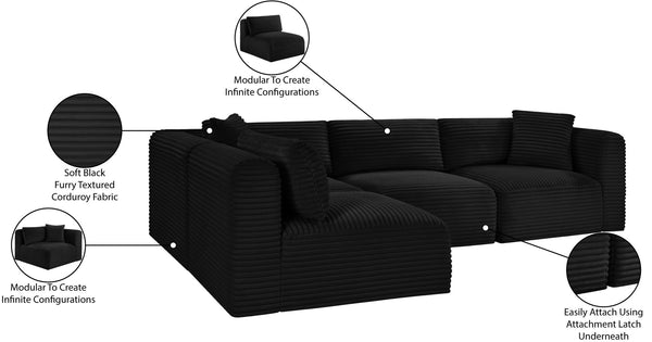Meridian Furniture Shaggy Four Piece Modular Sectional Bold Corduroy Performance Fabric Living Room Sofa 641Black-Sec4B