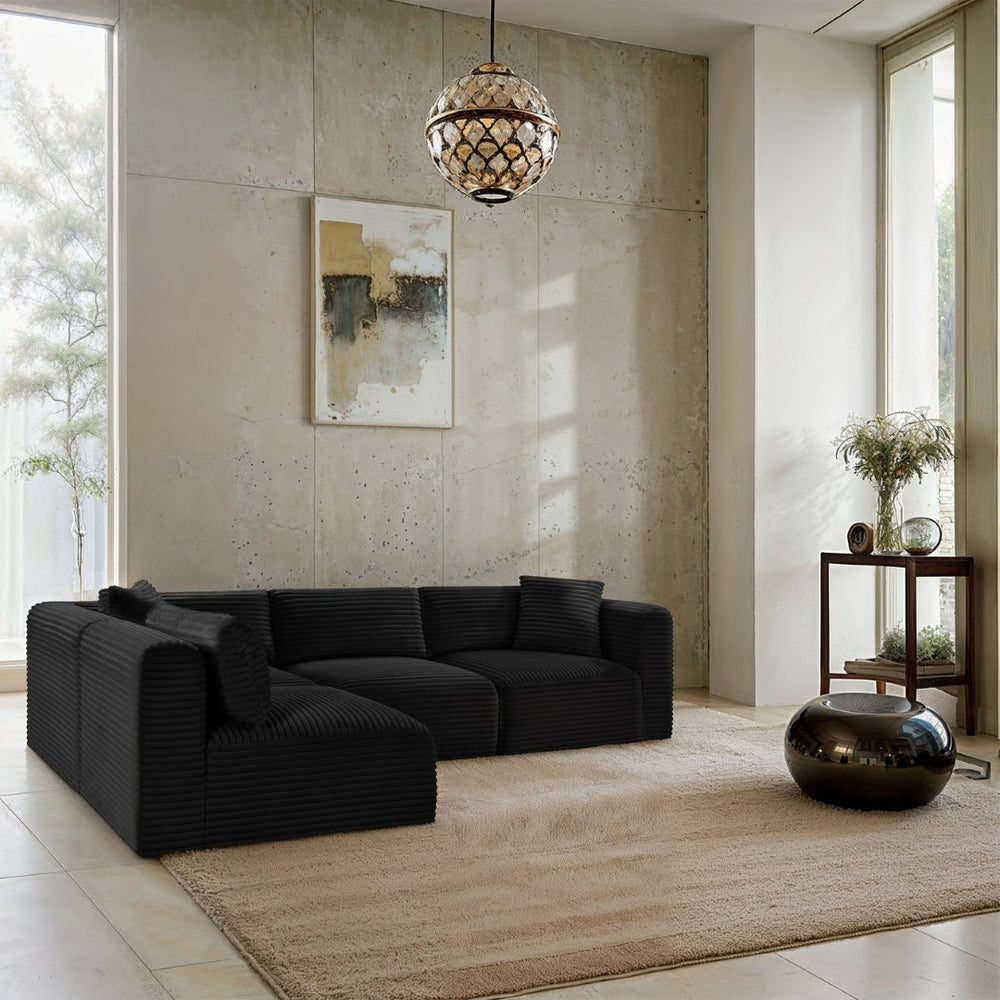 Meridian Furniture Shaggy Four Piece Modular Sectional Bold Corduroy Performance Fabric Living Room Sofa 641Black-Sec4B