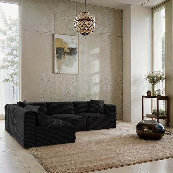 Meridian Furniture Shaggy Four Piece Modular Sectional Bold Corduroy Performance Fabric Living Room Sofa 641Black-Sec4B