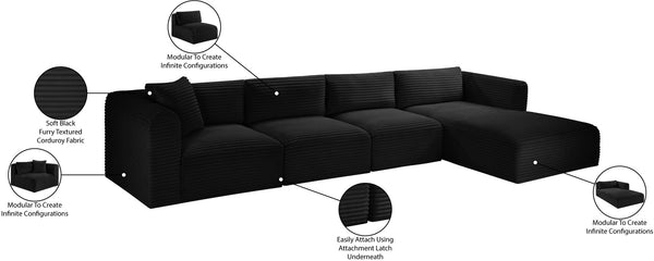 Meridian Furniture Shaggy Four Piece Modular Sectional with Ribbed Corduroy Performance Fabric Seating 641Black-Sec4C