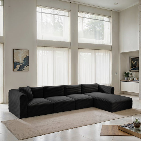 Meridian Furniture Shaggy Four Piece Modular Sectional with Ribbed Corduroy Performance Fabric Seating 641Black-Sec4C