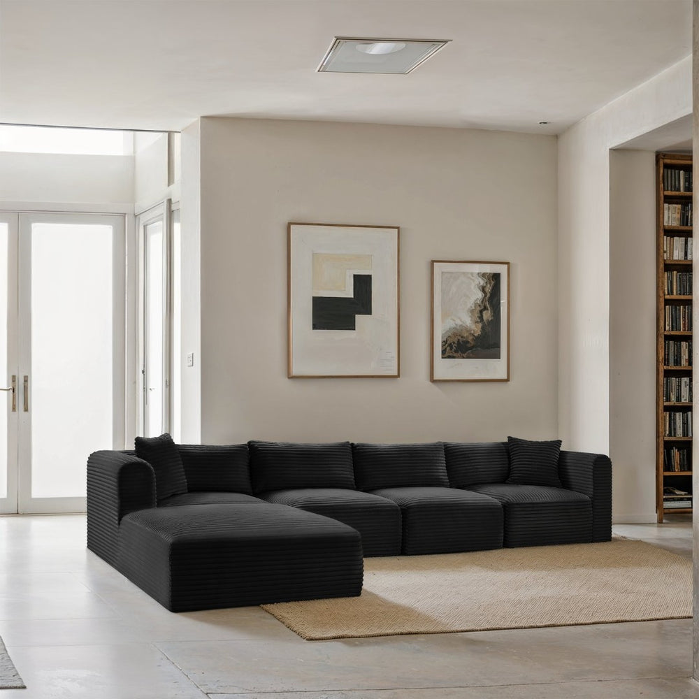 Meridian Furniture Shaggy Five Piece Corduroy Modular Sectional with Stain Resistant Performance Fabric Seating 641Black-Sec5A
