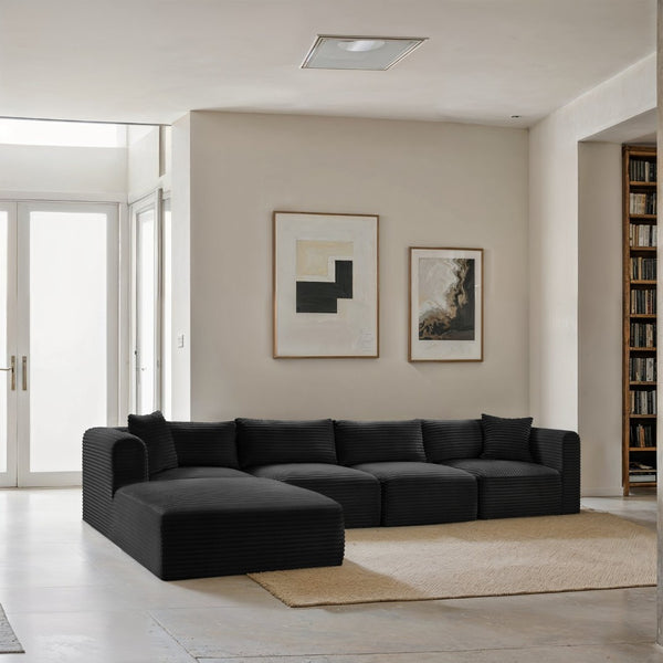 Meridian Furniture Shaggy Five Piece Corduroy Modular Sectional with Stain Resistant Performance Fabric Seating 641Black-Sec5A