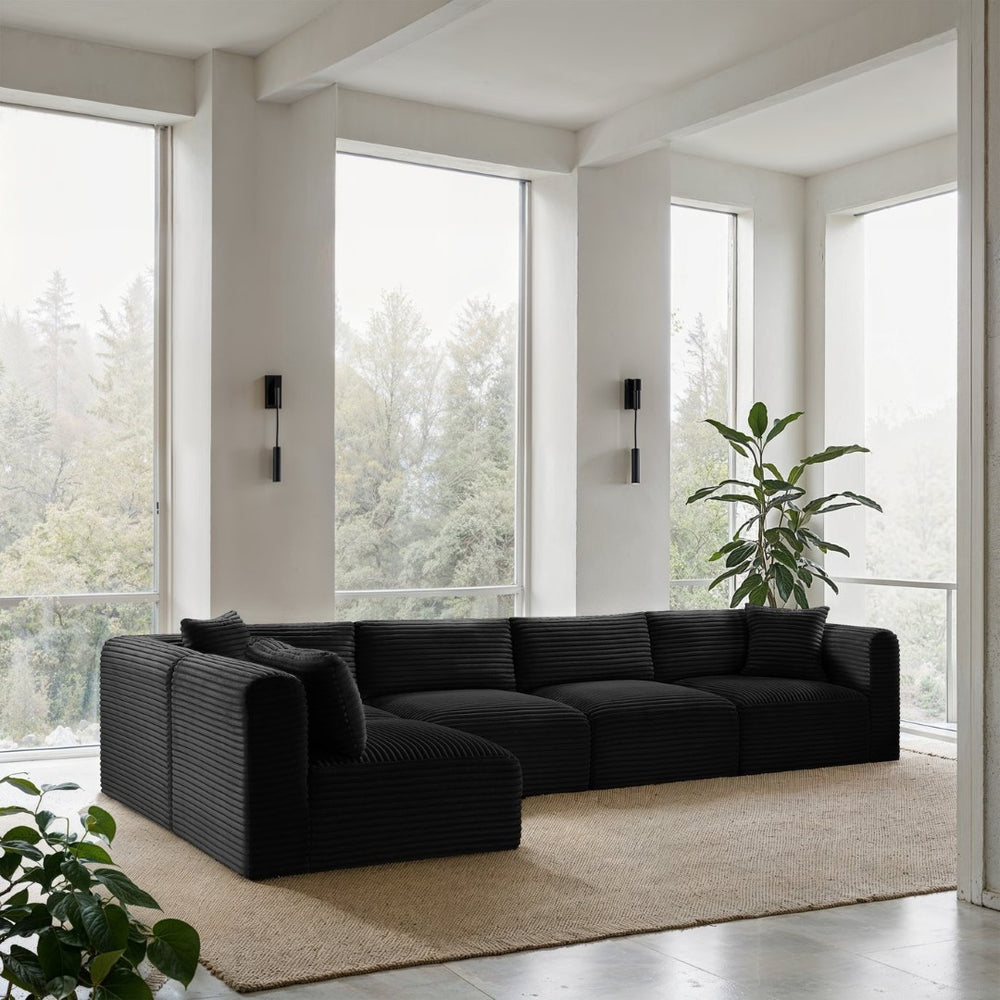 Meridian Furniture Shaggy Five Piece Modular Sectional Plush Corduroy Performance Fabric Living Room Sofa 641Black-Sec5B