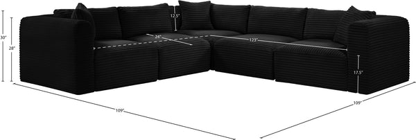 Meridian Furniture Shaggy Five Piece Modular Sectional in Plush Black Corduroy Performance Fabric Seating 641Black-Sec5C